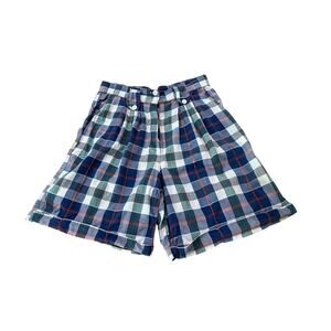 High Waist Plaid Shorts Vintage 80s Embroidered Pleated Cotton M/L Preppy -